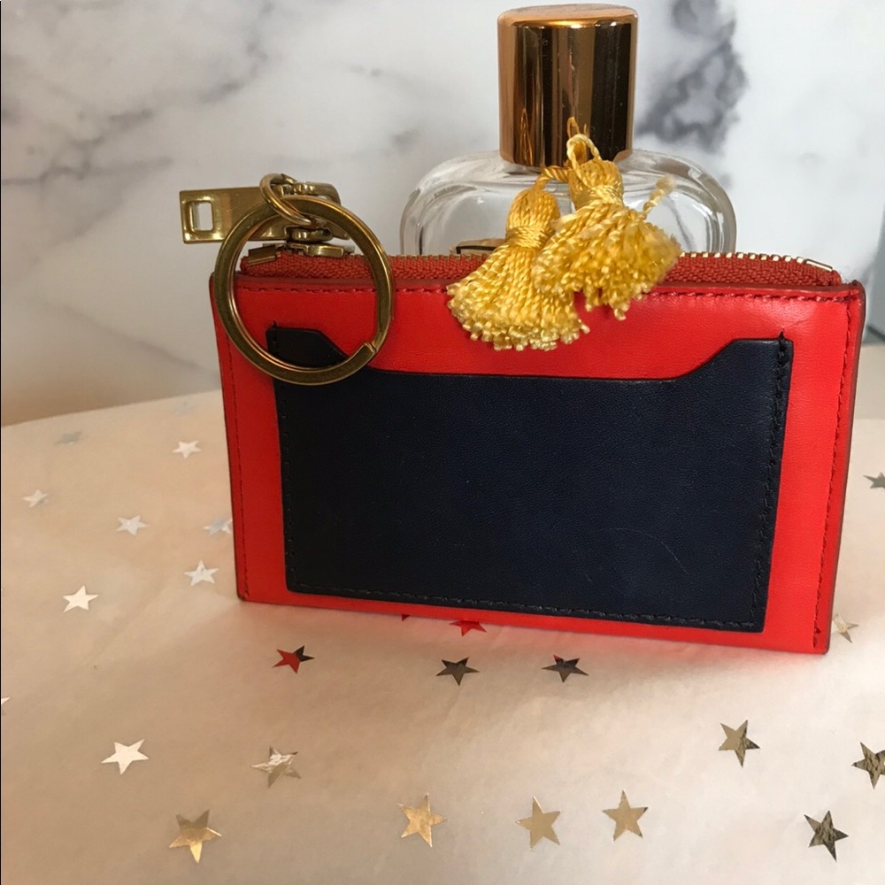 J Crew Card holder w/key chain Navy & Orange Red